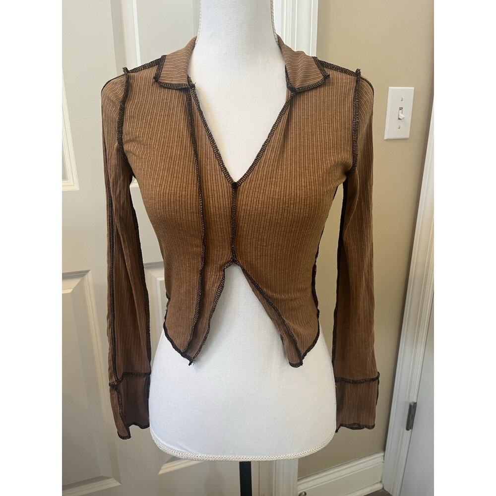 Shein XXS/XS Brown Inside Out Exposed Stitch Collared Long Sleeve Pullover Top